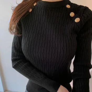 Ženska Oblačila 2020 Moda Gumb Slim Black Pleteni Pulover Jeseni, Pozimi Priložnostne Dolg Rokav Dno Vrhovi Femme
