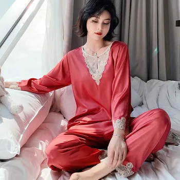 Ženska Seksi Čipke Mozaik More 2PCS Pižamo Sklop Priložnostne Saten Nightgown Pižame Majica&Hlače Svilnato Sleepwear Domov Oblačila