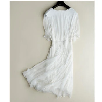 Ženske Bele Svilene Obleke Svile V vratu, Koleno dolžina Urad Obleko 2020 Padec Krila Midi Obleko Vestidos