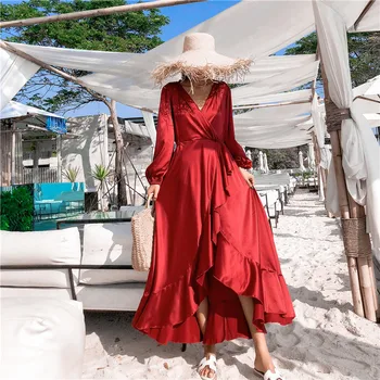 Ženske Burgundija Saten Maxi Backless Stranka Obleko Elegantno Poletne Počitnice Plaža Obleko Proti-vrat Letnik korejski vzletno-pristajalne Steze 2020 Vestidos