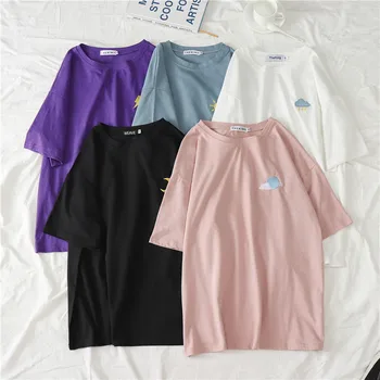 Ženske harajuku Kawaii Candy barve t-shirt korejski vreme Vezenje Izgubijo Vse-ujemanje t shirt poletje Kratek Rokav Preprost T-majice