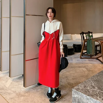 Ženske Modne Korejski Kontrast Barve Hooded Dolgo Hoodie Obleka Ženska Plus Velikost Vrvico Pasu Svoboden Priložnostne Naravnost Obleke