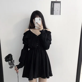 Ženske obleke demon girl original črno spomladi in jeseni 2021 seksi visoko pasu femme rami obleko z dolgimi rokavi gothic obleko A085