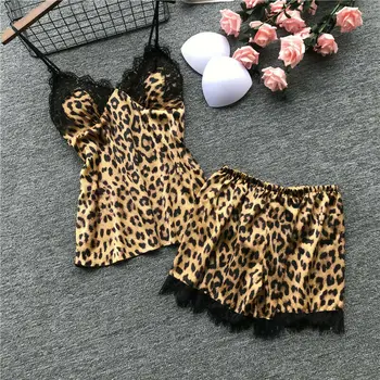 Ženske Seksi Saten Pižamo nastavite Svile Sleepwear Babydoll Čipke Leopard Top In kratke Hlače