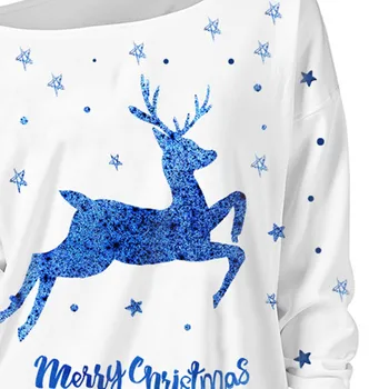Ženski pulover božič diagonalno ovratnik elk tiskanja dolg rokav bluze, modne svoboden vrhovi ženske obleke pulover božič