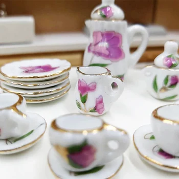 15Pcs/Set Lutke Tea Cup Nastavite 1/12 Miniaturne Rože Patten Porcelana Kava Čaj Skodelice, Keramične Posode Za Lutka Hiša