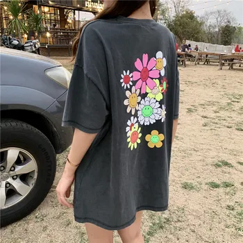 2019 pomlad poletje cvjetnim tiskanja svoboden siva kratek rokav t srajce womens vrhovi tee shirt femme (R4423)