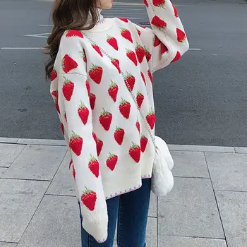 2020 Harajuku Pozimi Novo Breskev Srce Pulover Ženske, Svoboden Jeseni Korejski Prevelik Pulover Obleko Jagod