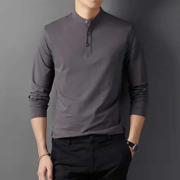 2020 Jeseni Novih Moških Henry Ovratnik T-shirt Poslovna Moda Priložnostne Barva Visoke Kakovosti, Dolg Rokav Tee Majica Moški blagovne Znamke Vrhovi