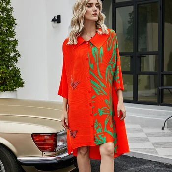 2020 jeseni, pozimi High Street asimetrične natisnjeni obleko z metulj diamond gumb Zavoj navzdol Ovratnik plus velikost ženske obleke