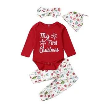 2020 Newborn Baby Dekle, Fant Moj Prvi Božični Kostum Romper+Klobuk Obleke Obleke 4Pcs