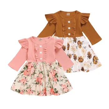 2020 Nov Padec Jeseni Baby Dekleta Oblačenja Rjavo/Roza Dolg Rokav Cvet Tiskanja Flare Dekorativni Obleko Oblačila