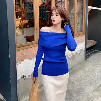 2020 nove Seksi Pletenje Puloverji pulover ženske Elegantne Poševnica vratu jeseni vrhovi majica Ženska modra jopica High Street