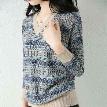 2020 nove volne pulover ženske, jeseni, pozimi leni slog Proti-vrat geometrijske preplete pletene dno majica