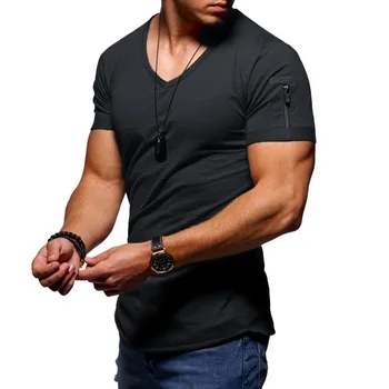 2020 novih moških Proti-vrat T-shirt bodybuilding, fitnes T-shirt high street poletje kratka sleeved zadrgo priložnostne bombaž vrh
