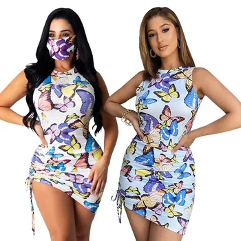 2020 Novo Obleko za Ženske, Vroče Prodaje Metulj Tiskanje Seksi brez Rokavov Backless Čipke Nabiranje Votlih Mini Obleka