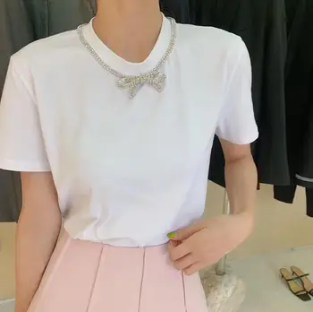 2020 NOVO poletje Žensk Nove korejske Modne Biserna Ogrlica, ki beading lok dekoracijo bela majica s kratkimi rokavi