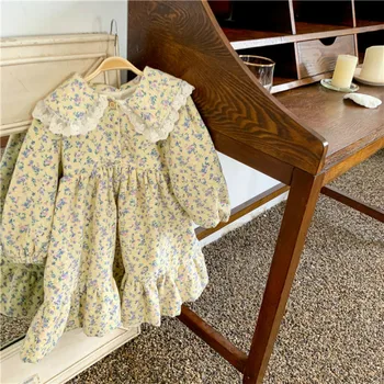 2020 Pozimi Otrok Bombaž Dolg Rokav Priložnostne Zgostitev River Cvetlični Brušenje Princesa Obleke Dekleta Baby Pastorala Čipke Obleko