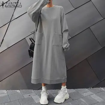2021 ZANZEA Ženske Long Sleeve Majica Obleko Priložnostne Jeseni Dolg Pulover Ženske Haljo Trdna Sundress Dolgo Vestidos Plus Velikost 7