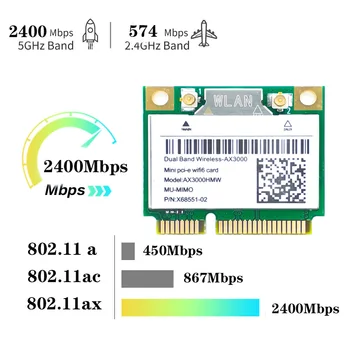 2974Mbps Wifi 6 Dual Band Brezžični Adapter Half Mini PCI-E Prenosnega Omrežja Wlan Kartico Wifi, Bluetooth 5.0 802.11 ax/ac Bolje 7260ac
