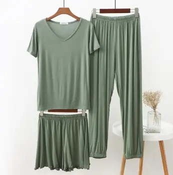 3 Kos set pomlad poletje pijamas ženske modal bombaža, kratek sleeve zgornji del + hlače + hlače, pižame ženski velika velikost pižame set