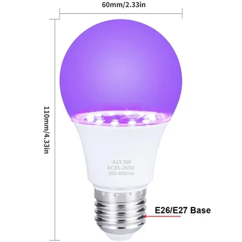 A19 E27 UV Blacklight Žarnica 9W UV LED Žarnice svetilke Violet Dekor za Blacklight Stranka Telo Barva Fluorescentno Plakat Neon Glow D30