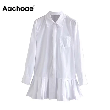 Aachoae Ženske Bele Naguban Majica Mini Obleka z Dolgimi Rokavi znižuj Ovratnik Urad Obleke Trdna Priložnostne A-line Obleko Vestidos