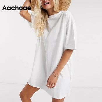 Aachoae Ženske Priložnostne Nepakirana Trdna Cotton T Shirt Obleko O Vratu Mini Obleka Batwing Kratek Rokav Osnovna Obleke Vestidos
