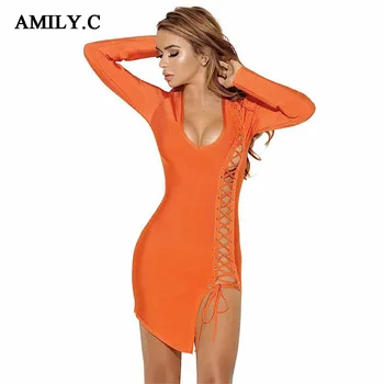 Amily.c 2020 Novo Pomlad Ženske Povoj Obleko Seksi Bodycon Čipke Obleko Slaven Stranka Black Orange Obleke Debelo Vestidos