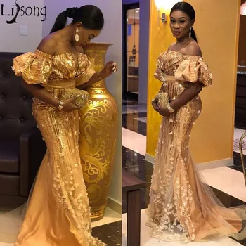 Aso Ebi Afriške Čipke Večerno Obleko morska deklica Off Ramo Nigerijski Slog Prom Obleke Plus Velikost Sijoče Sequins Zlato Formalnih Obleke