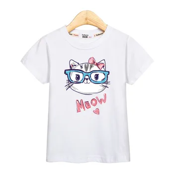 Baby dekleta t-shirt moda poletje vrhovi kratek rokav vrhovi srčkan mačke tiskanja dekleta tees bombaž oblačila nova smešno tshirt 3-14T