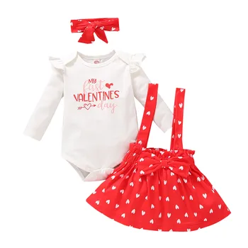 Baby valentinovo obleko za Malčke Baby Dekleta Obleke Moj 1. Valentinovo Romper Vrhovi+Src Suspender Krilo Trakovi Set