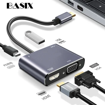 Basix Tip-C HDMI je združljiv VGA USB-C Polnjenje USB 3.0 Hub Adapter za MacBook Pro Samsung S9 Huawei P20 Projektor Monitor