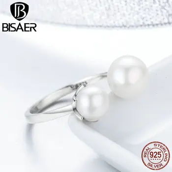 BISAER 925 Sterling Srebro Elegantno Dve Beli Biseri Odprite Prst Obroči Za Ženske Poročni Modni Nakit Valentinovo Darilo