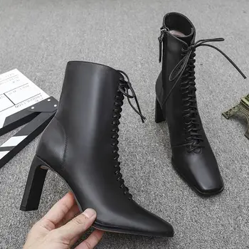 Blagovno znamko design mikrovlaken usnje škornji za ženske v visokih petah moda kvadratni toe seksi dame čevlji velika velikost čipke-up golih boot