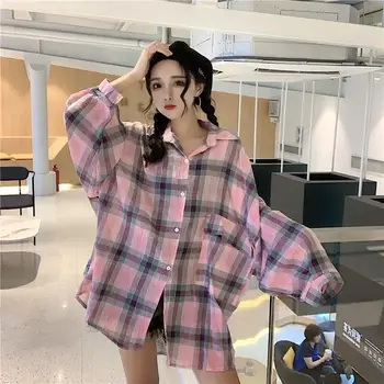Bluzo Ženske Kariran Majica za Ženske korejski Svoboden Retro, nanos na Vrh Blusas Ropa De Mujer