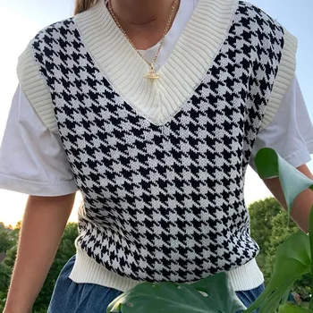 BOOFEENAA Houndstooth Pulover Majice za Ženske Letnik Vrhovi Pozimi Leta 2020 Y2k Pletene V Vratu brez Rokavov Puloverji C67-DI20