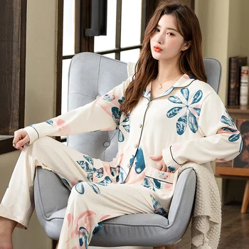 Celotno Bombažno Pižamo Za Ženske je iz Pižame Gumb Jopico Homewear Pomlad Pijamas Mujer Plus Velikost 4XL Sleepwear More 2Pcs