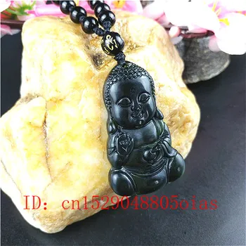 Certified Kitajski Naravnih Zeleno-Črna Jade Baby Buda Ogrlico, Obesek Čar Nakit Obsidian Pribor Vklesan Amulet Darila