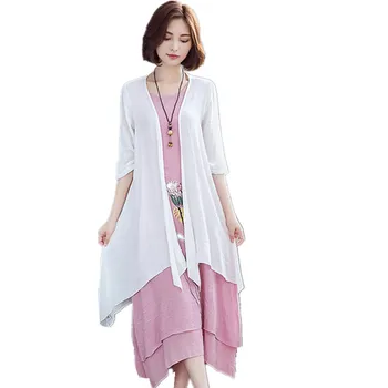 Clobee 2017 Ženske obleke Mehko Perilo, Bombaž kimono Letnik Cvjetnim Tiskanja Dve Delni Set Obleko Plus Velikost Dolgo Poletno Obleko Vestidos