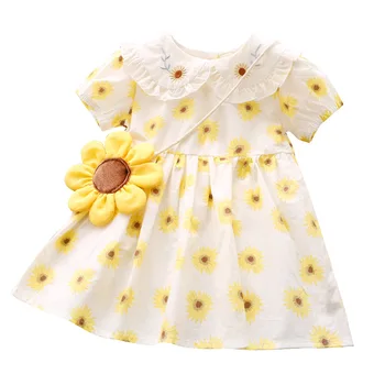 Dekleta Obleko Otroci Obleko Novorojenega Dojenčka Baby Deklet Sončnica Cvetlični Pribor Vrečko Ruffle Denim Princesa Stranka Obleko 2pcs Dekle 1-6Y