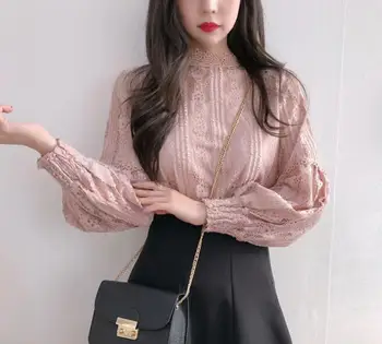 Dingaozlz korejski elegantno žensko dolg rokav čipke vrhovi moda očesa šivanje čipke rokavi ženske oblačila, casual bluzo