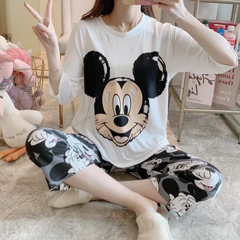 Disney Minnie Mouse pižamo Nastavite Ženske pajama Srčkan Risanka Simba Pooh tanke tričetrt rokav pijamas Dekleta poletje pižami