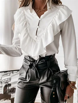 Dolg Rokav Polka Dot Ženske Majica 2020 Padec Ruffles Bela Črna Womens Vrhovi In Bluze Plus Velikost 3XL Priložnostne Ženske Majice
