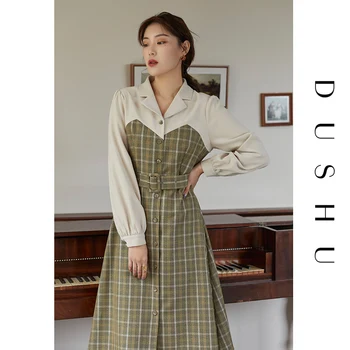 DUSHU Plus velikost mozaik kariran dolgo jopič obleka Ženske jeseni, pozimi elegantno srajco, obleko Ženski green office lady vintage obleko