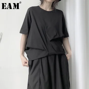 [EAM] Žensk Black Asimetrični Naguban Velike Velikosti T-shirt Nov Krog Vratu Pol Rokav Moda Plima Pomlad Jesen 2021 19A-a657