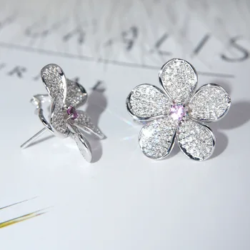 Elegantno Cvet Stud Diamant Uhan Pravi 925 sterling srebrni Nakit Posla Poročni Uhani za Ženske Izjavo Stranka Darilo