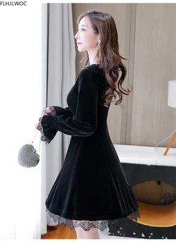 Francoski Stil Evropske Lady Ženska Moda Črne Čipke Zadrgo Fenimine Vestidos Zunaj Tankega Žameta Osnovne Mala Črna Mini Obleka