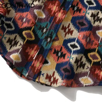 GONTHWID Narod Slog Pletene Majice Harajuku Geometrijo Barvo Mozaik Gumb Srajce Ulične Hip Hop Priložnostne Vrhovi Coats