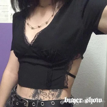 Goth Temno Gothic Seksi Bodycon Čipke Ženske Poletje Crop Tops Black Backless Očesa Povoj Ženska Oblačila Moda Vintage E-Dekle Tee
